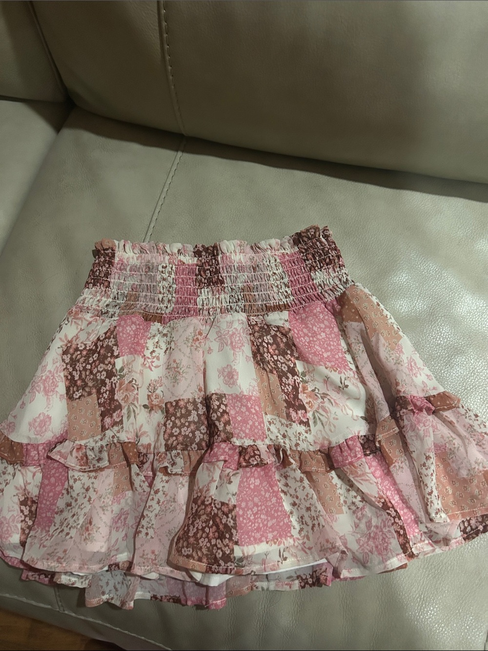 Altar'd State Pink & Brown Floral Patchwork Tiered Mini Skirt